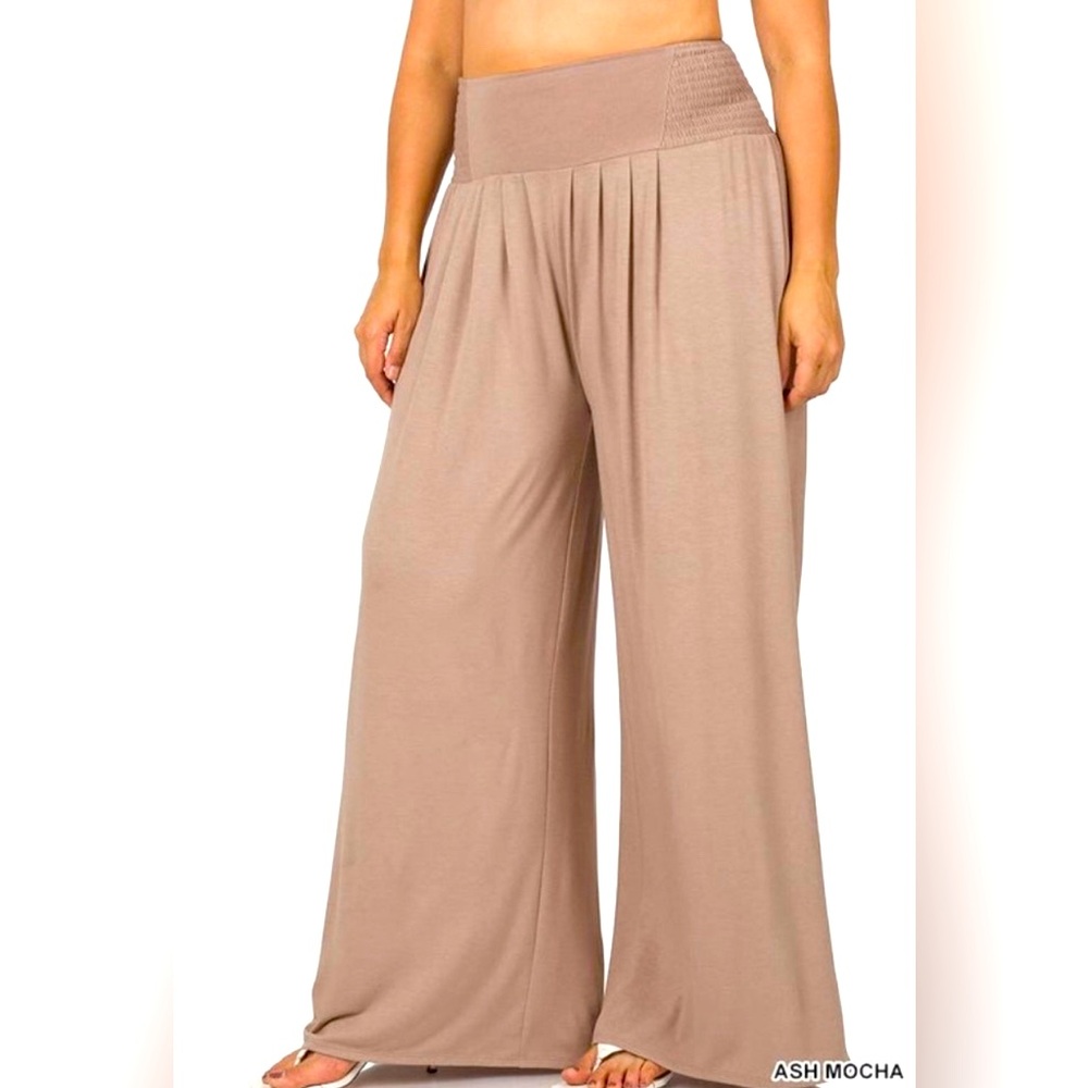 Sassy Smocked Waist Wide Leg Knit Pants in Ash Mocha